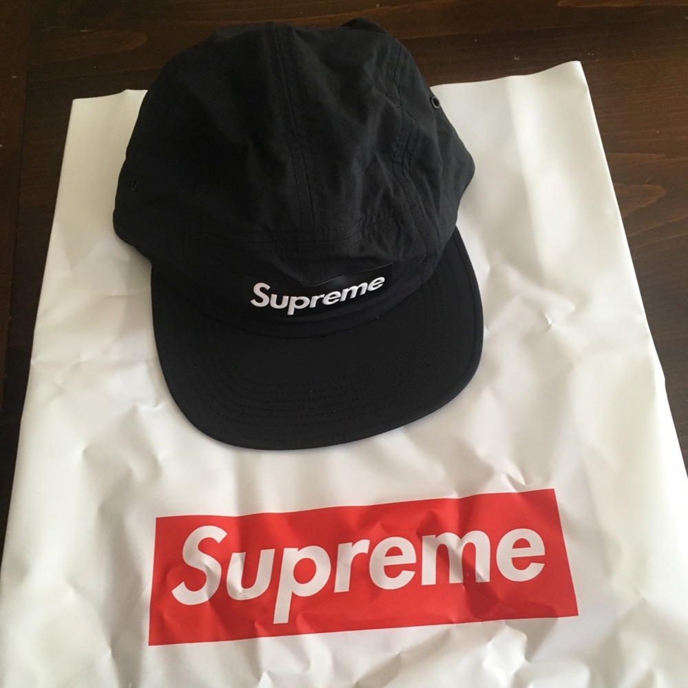 Black Supreme raised logo patch camp cap